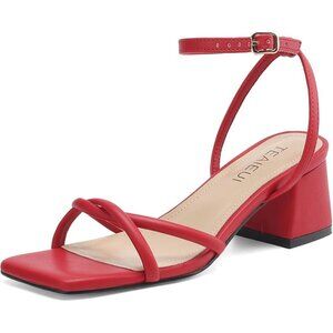 Women's Red Open Square Toe Chunky Block Sandals Chic Strappy Heels Shoes